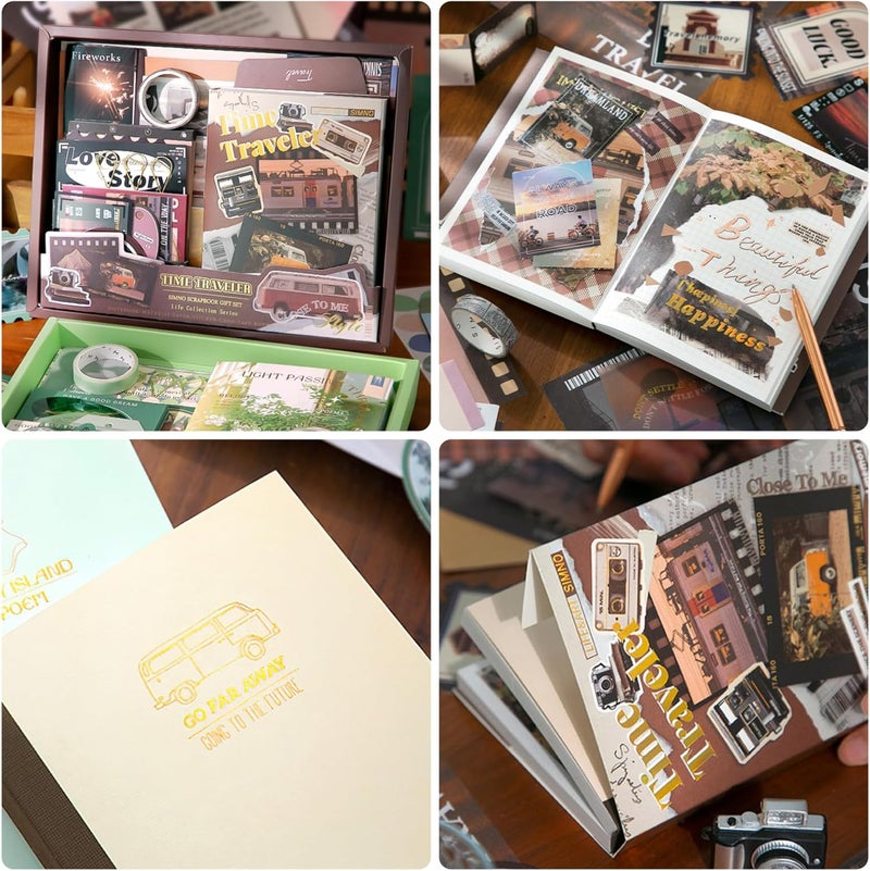 OFFIGIFT طقم مستلزمات ألبوم القصاصات، طقم ألبوم قصاصات بتصميم عتيق، 351 قطعة من مستلزمات دفتر اليوميات مع دفتر شبكة A6، مستلزمات الكتابة اليومية، هدية حرفية لعيد الميلاد للبالغين، مسافر عبر الزمن - Image 5